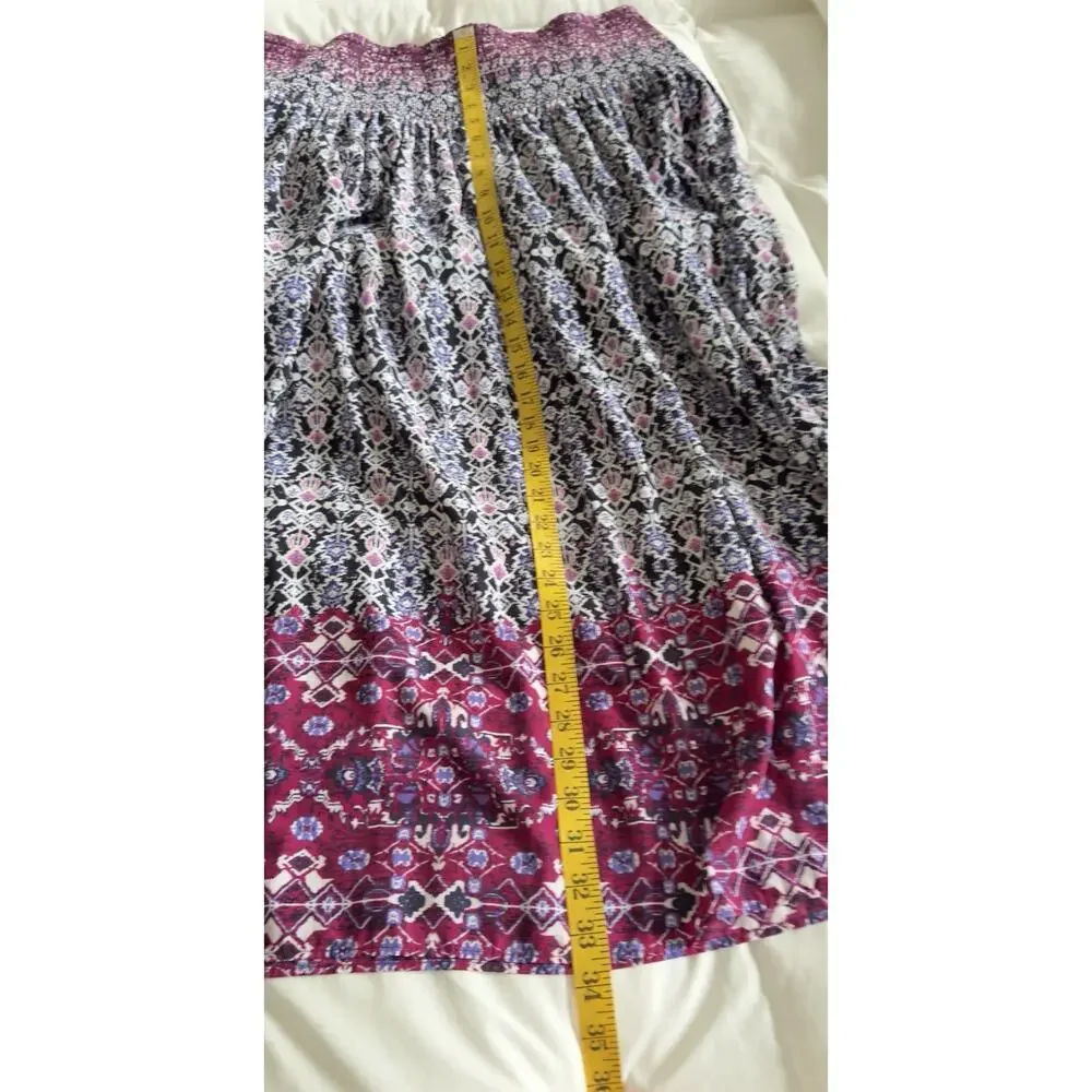 J Jill Smocked Waistband Midi Skirt Purple, Pink, Black Boho Print Silky Size L